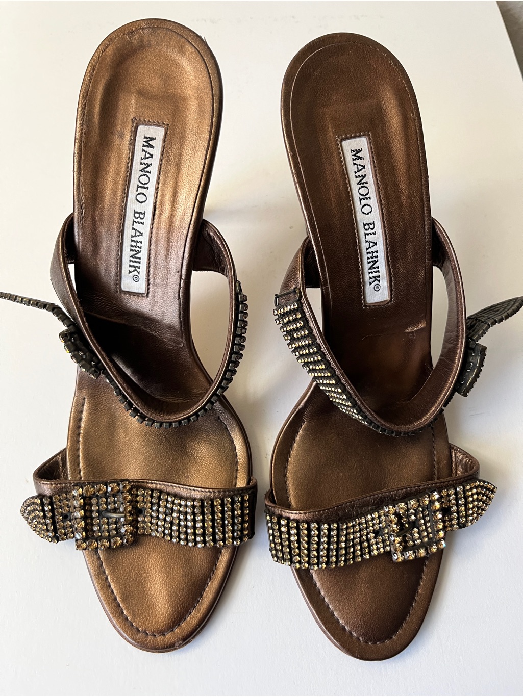 Manolo Blahnik Bronze Crystal Buckle Slide Mules Heels